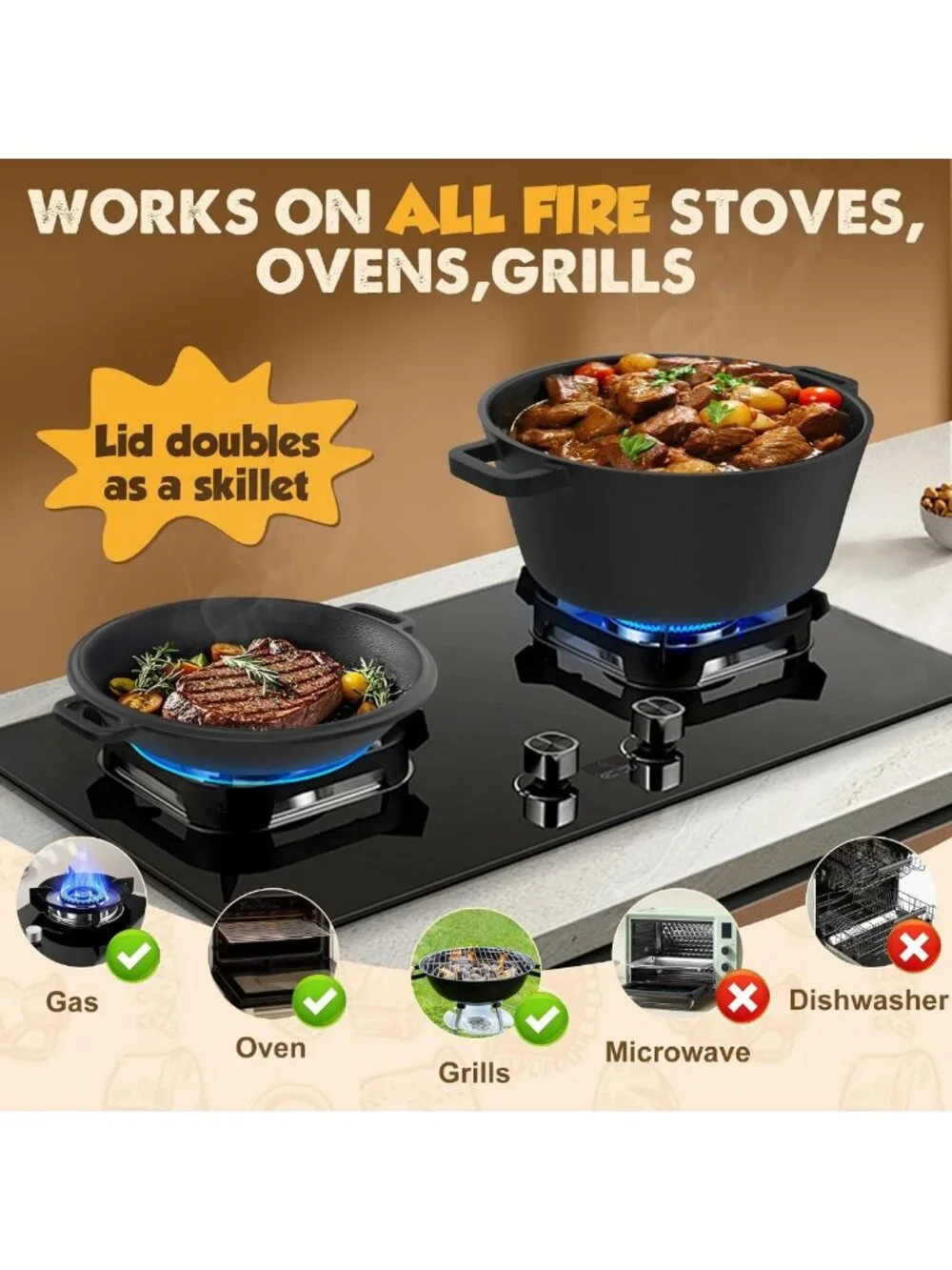 5QT Cast Iron Dutch Oven Pot for Baking, Skillet Lid Cooking Pan, Versatile